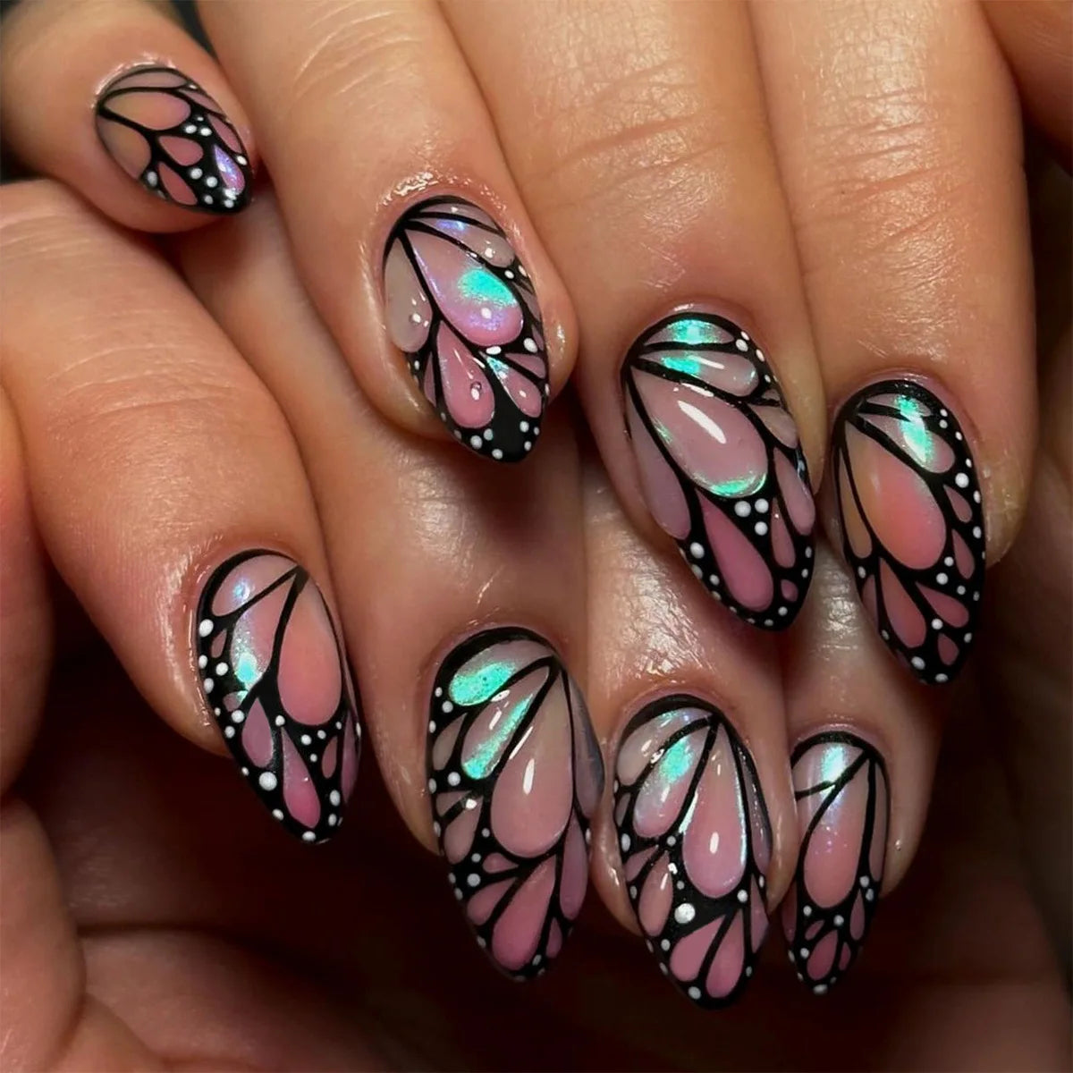 3D Butterfly Almond Nail Art Fashion Green Pearlescent Powder False Nails Detachable Finished Fake Nails Press on Nail with Glue MT2501JP3506