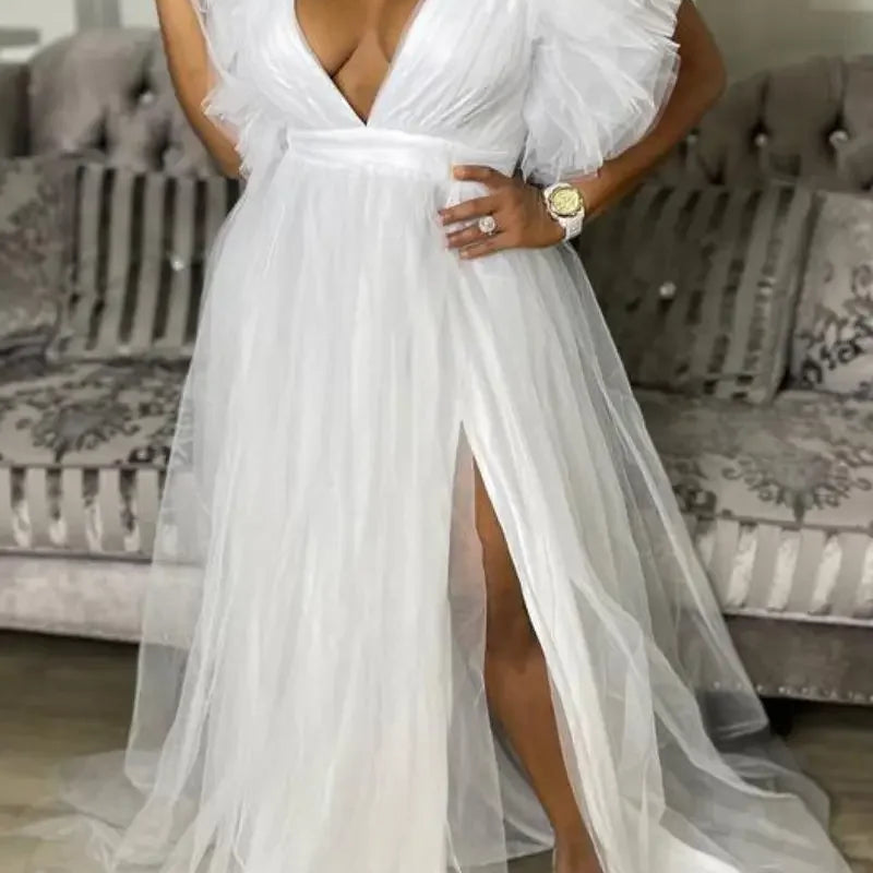 Women Cascading Ruffles Shoulder High Side Split Mesh Patchwork Maxi Long Dress 2023 sexy even Party Vestidos Dresses WHITE