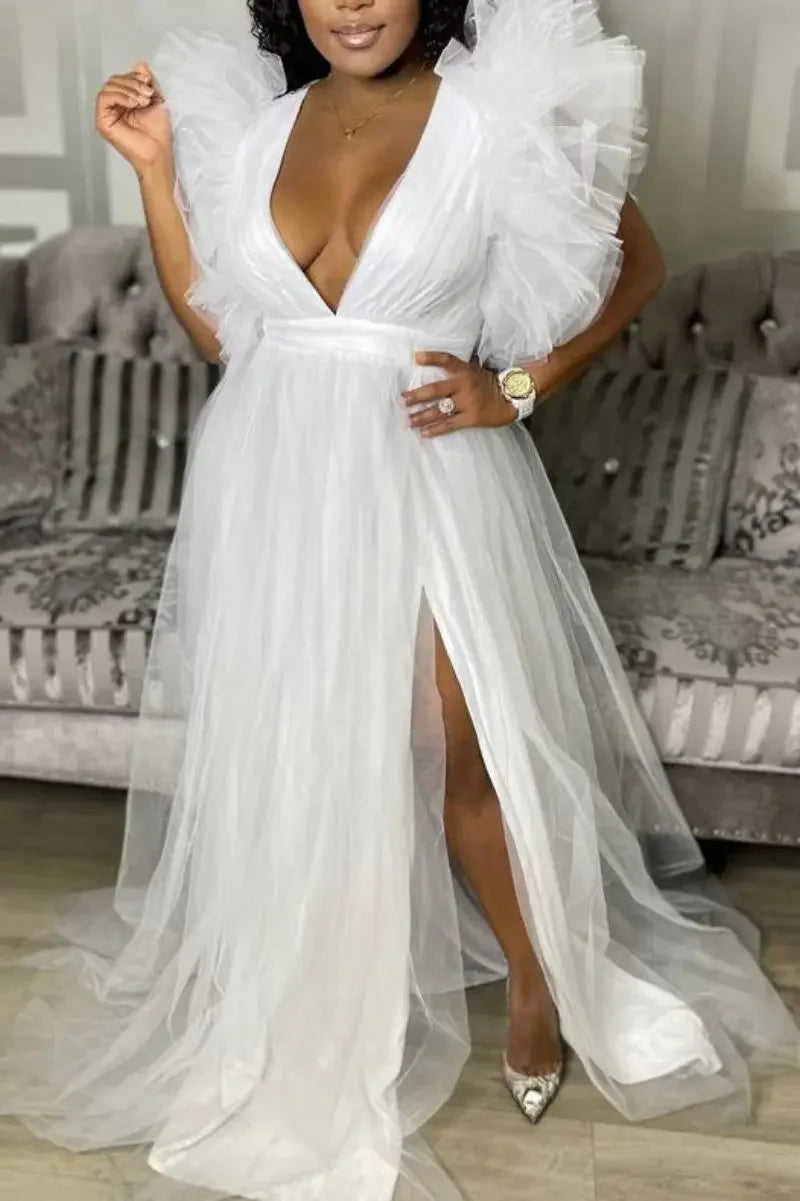 Women Cascading Ruffles Shoulder High Side Split Mesh Patchwork Maxi Long Dress 2023 sexy even Party Vestidos Dresses WHITE