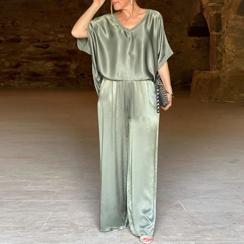 Plain V Neck Top Pullover and Wide-leg Pants Outfit Sets for Women Spring Loose Satin Suit Summer Short Sleeve T-shirt Two Piece Olive Color