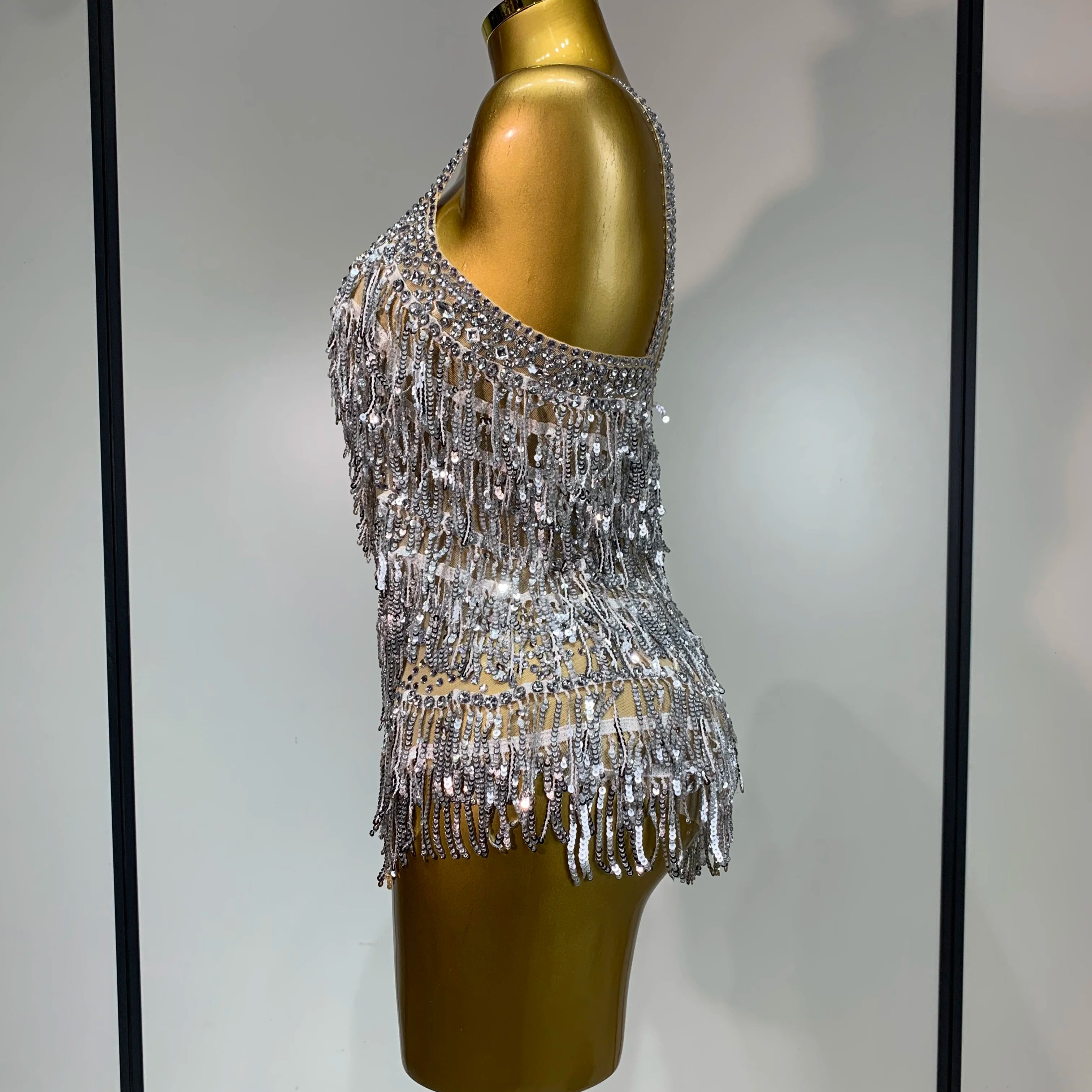 Sparkly Rhinestone Tassel Sexy Backless Mesh Bodysuit Women Luxury Birthday Party Nightclub Bar Dencer Stage performance Costume