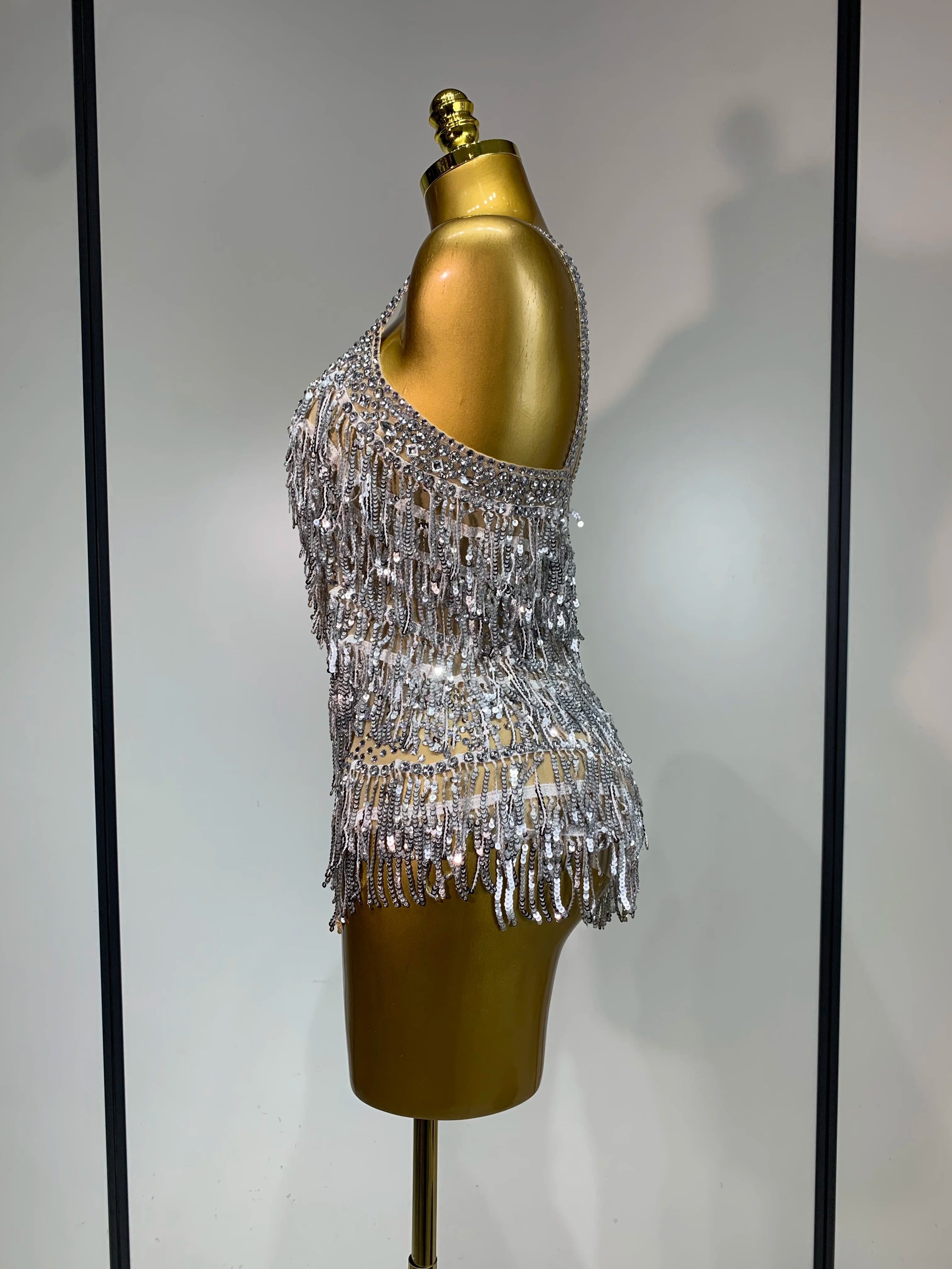 Sparkly Rhinestone Tassel Sexy Backless Mesh Bodysuit Women Luxury Birthday Party Nightclub Bar Dencer Stage performance Costume