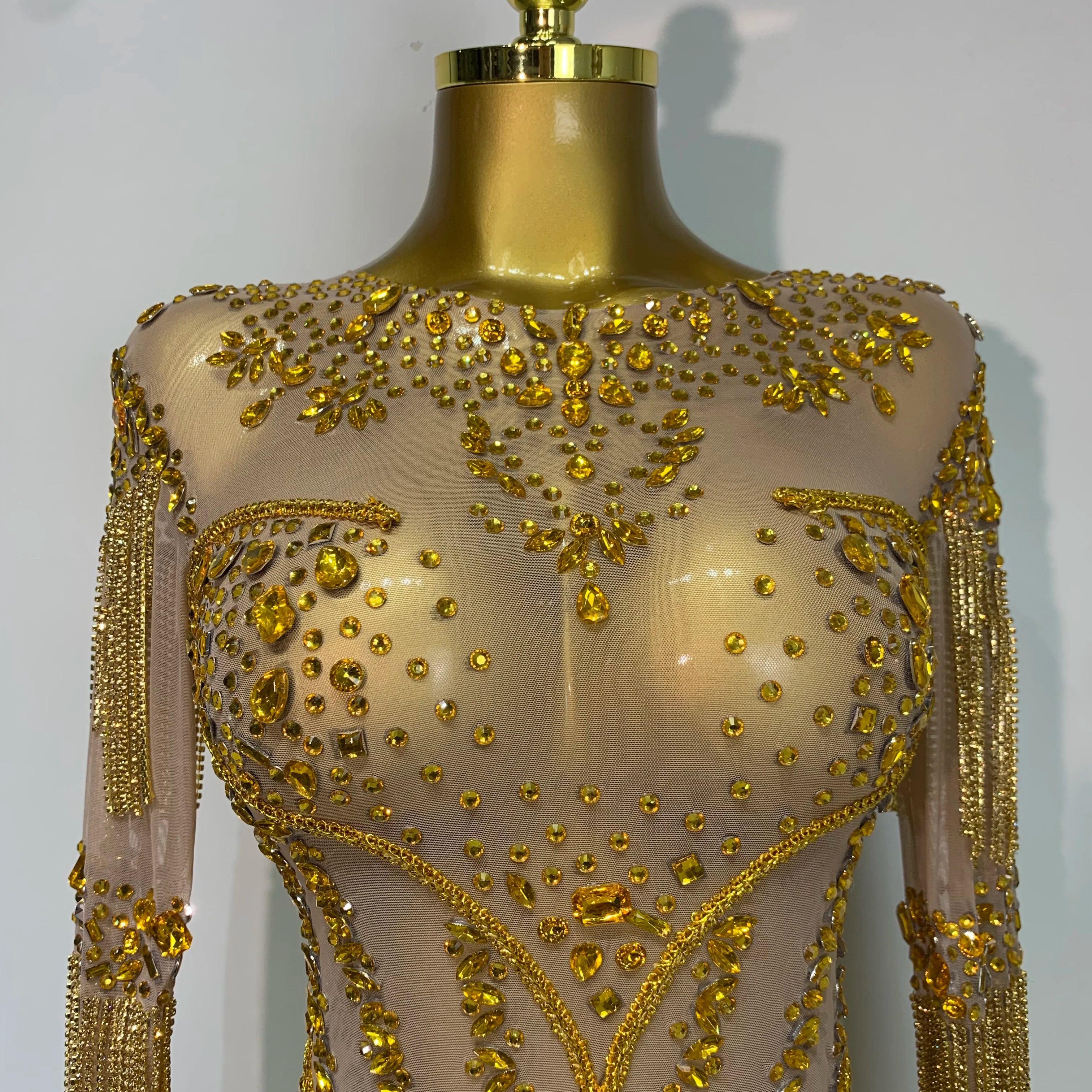 Luxury Birthday Evening Party Gown Sparkly Rhinestone Bodysuit Women Sexy Mesh See Through Performance Dance Stage Costume