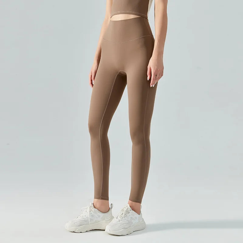 Emily Sportswear Naked High Waist Tight Yoga Pants Double-sided Brushed Peach Buttocks Lifting Running Sports Fitness Leggings Chocolate