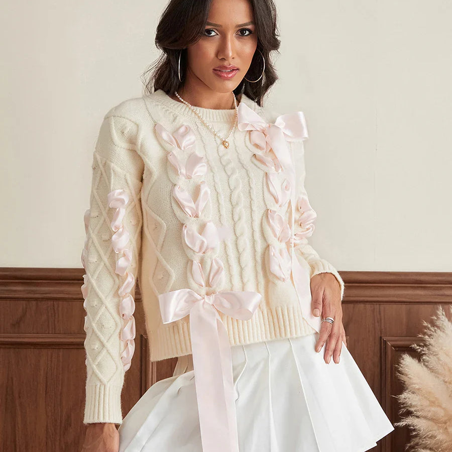 wsevypo Women's Ribbon Bowknot Knit Sweaters Cute Retro Long Sleeve Round Neck Cable Knit Pullover Tops for Fall Winter