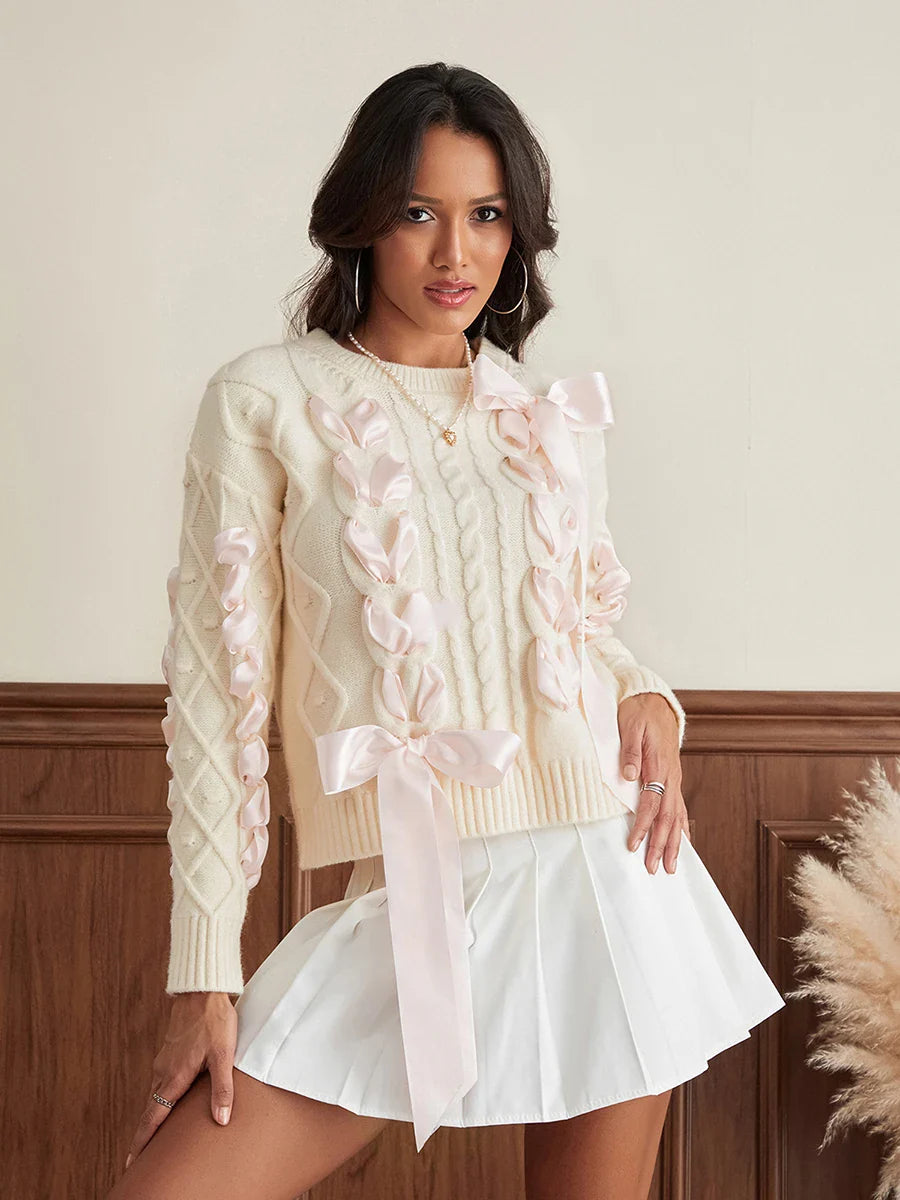 wsevypo Women's Ribbon Bowknot Knit Sweaters Cute Retro Long Sleeve Round Neck Cable Knit Pullover Tops for Fall Winter