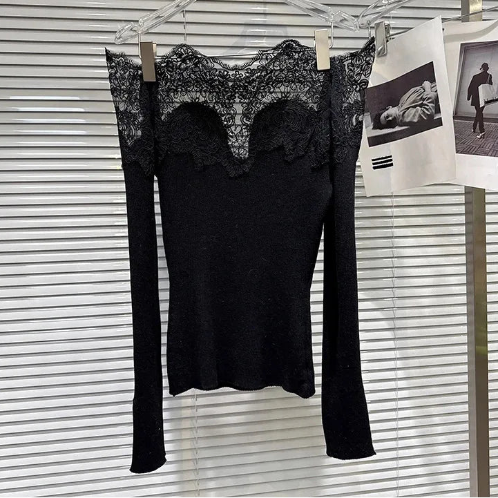 Winter New Fashion Lace Collar Off-Shoulder Knitted Sweater For Women Versatile Slim Fit Pullover Female 11A07773