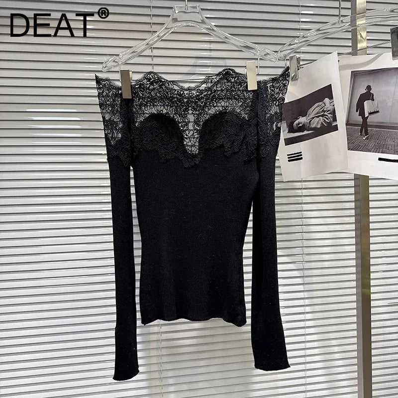 Winter New Fashion Lace Collar Off-Shoulder Knitted Sweater For Women Versatile Slim Fit Pullover Female 11A07773