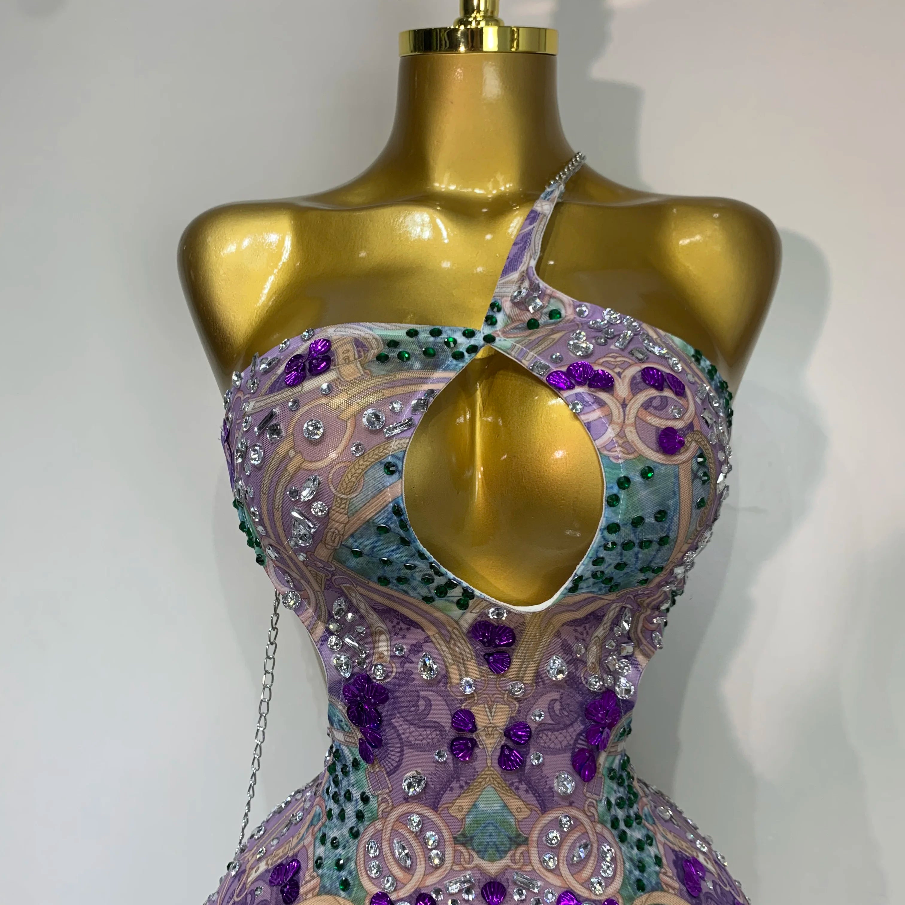 Sprakly Rhinestones Women Sexy Mesh See Through Hollow Out Mini Dress Luxury Birthday Birthday Photo Shoot Performance Costume