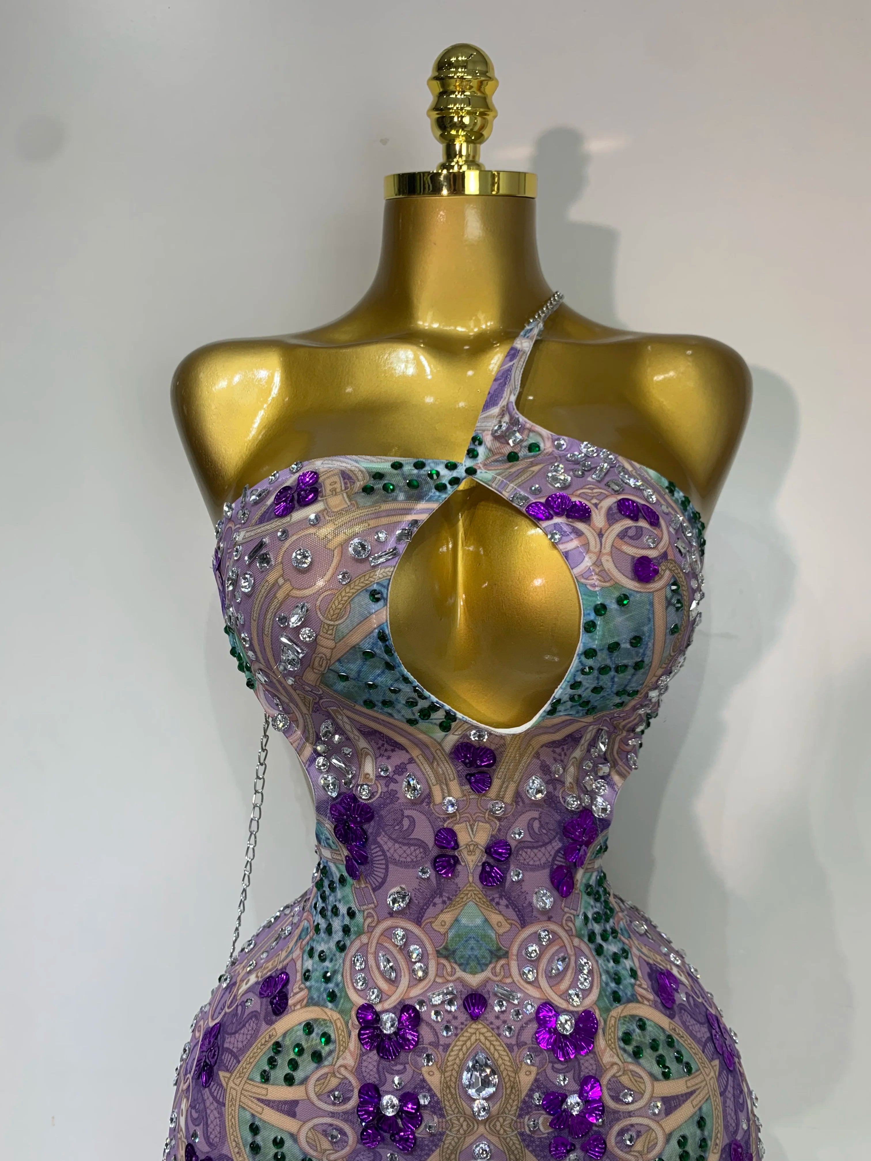 Sprakly Rhinestones Women Sexy Mesh See Through Hollow Out Mini Dress Luxury Birthday Birthday Photo Shoot Performance Costume