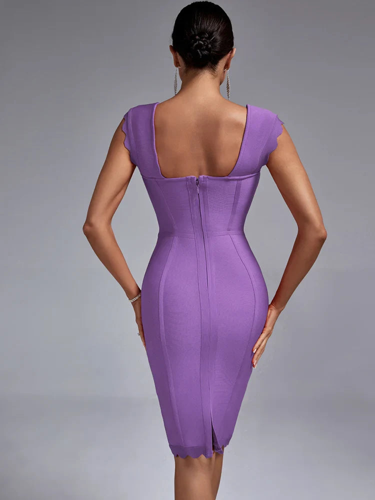 Lilac Purple Bandage Dress Women Party Dress Bodycon Elegant Scalloped Sexy Birthday Evening Outfits Summer New Arrival