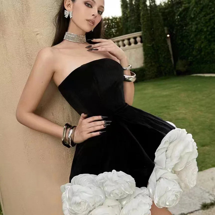 Black Red Women Sexy Strapless Velvet Ball Gown Mini Cute Dress Birthday Party Girls' Date Photo Shoot Outfit Vestido