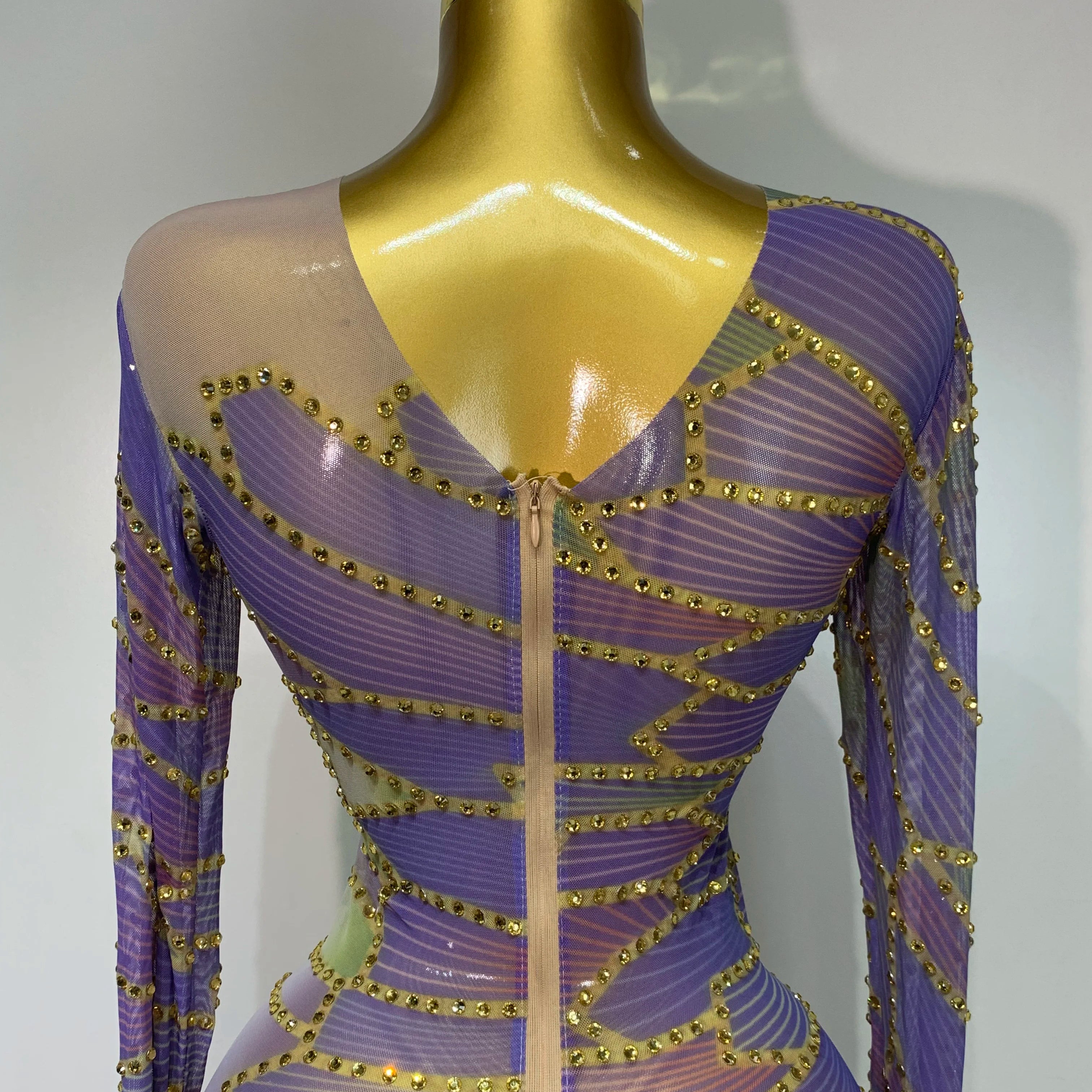 Sparkly Rhinestone Stretchy Mesh See Through Dress Women 2025 Performance Dancer Costume Luxury Birthday Nightclub Stage Outfit