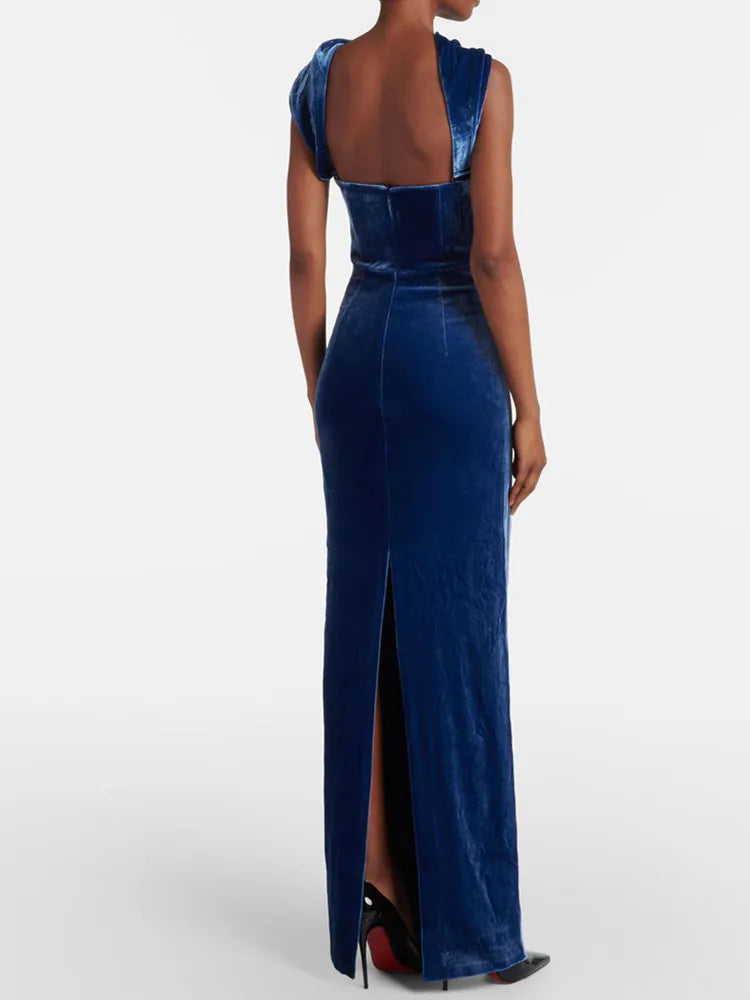 Chic Luxury Women Celebrity Sexy Tank Velvet Blue Maxi Long Gowns Dress 2025 Elegant Evening Party Club Vestido
