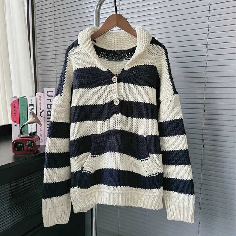 Autumn Winter New Lazy Style Striped Contrast Color Thick Knit Pullover Sweater For Women Loose Versatile Top 11A07789 Navy Blue One Size