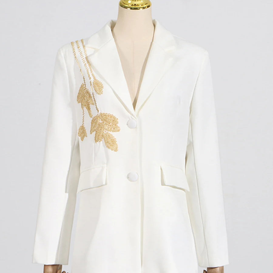 Solid Slimming Two Piece Sets for Women Lapel Long Sleeve Patchwork Bead Top High Waist Pant Temperament Set Female