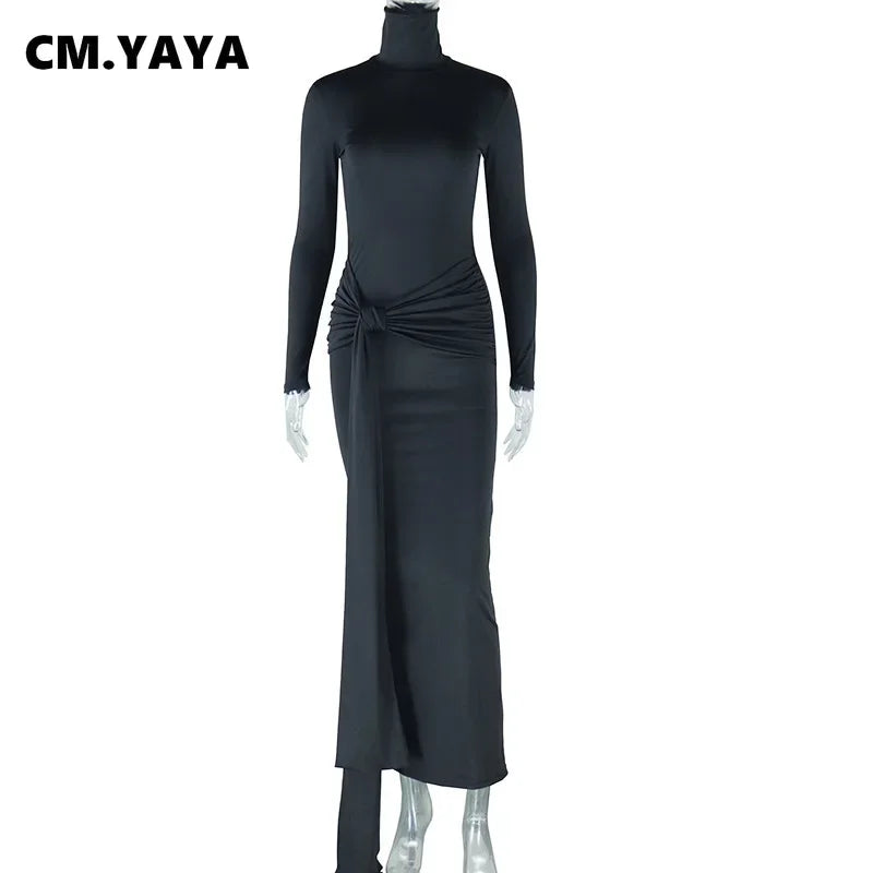 Women Full Sleeve Turtleneck Ribbon Ruched Long Maxi Dress 2025 Spring Sexy Street Slim Evening Night Club Party Dresses