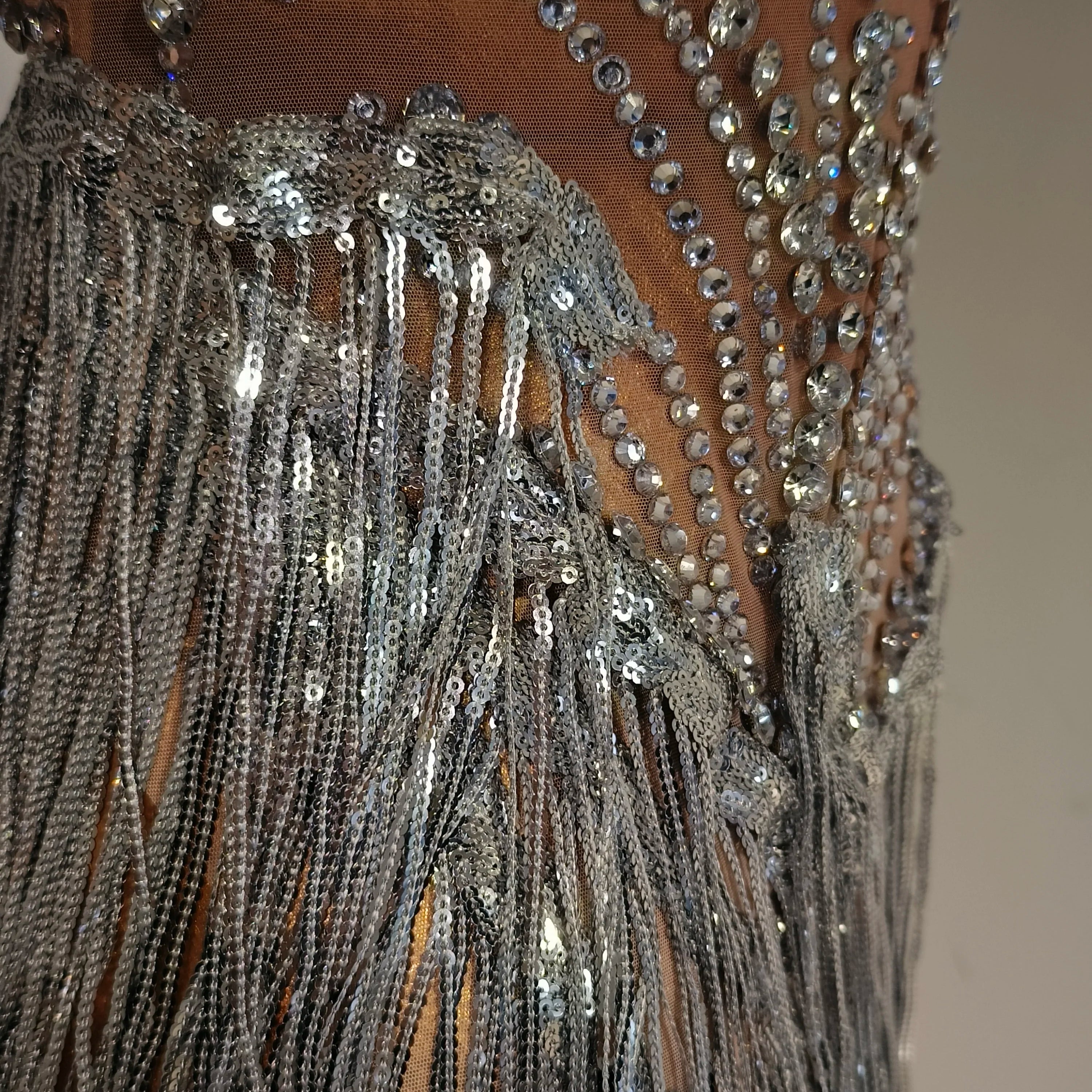 Sparkly Rhinestone Sequins Tassel Sexy Mesh See Through Dress Women Evening Birthday Party Nightclub Dance Singer Stage Outfit