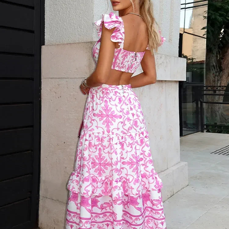 Shoulder Pads Print Hollow Out Maxi Dress Bohe Square Neck Flying Sleeve Backless Dresses Lady Chic Beach Holiday Robes