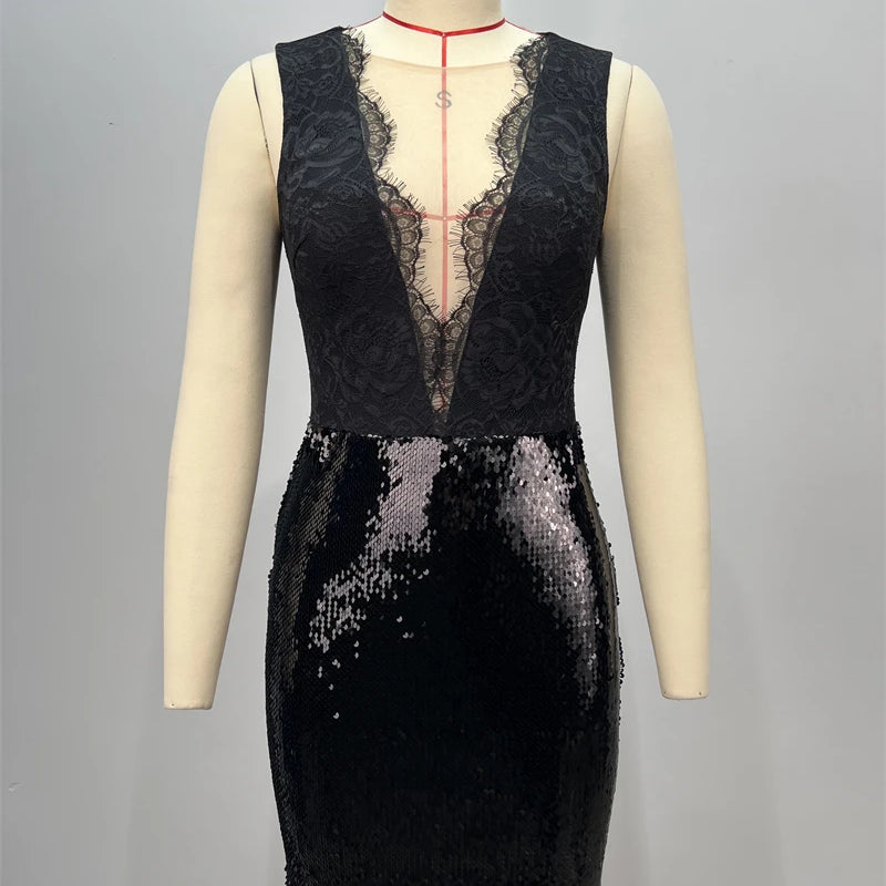 2025 Black Lace Patchwork Sequins Sexy V-Neck Mermaid Floor Length Dress Fashion Woman Party Dress Celebrity banquet Outfit