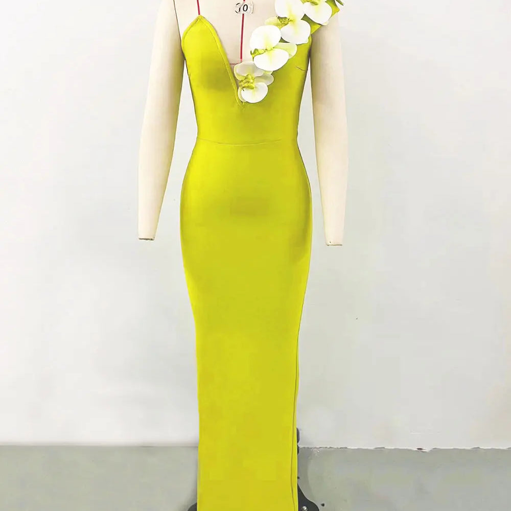2024 Sexy Women's 3D Flower Decoration Long Dress Strapless Sleeveless Bodycon Backless Max Dress Cocktail Evening Party Vestido Yellow