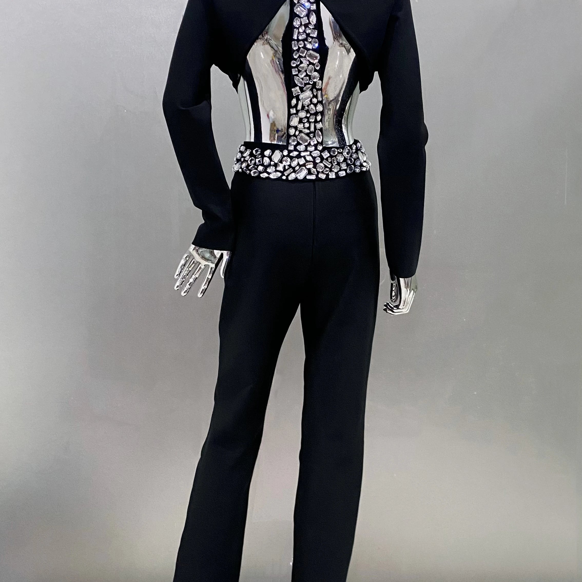 2024 Black White Women Long Sleeve Sexy V-Neck Bodycon Bandage Set Shinning Crystal Nightclub Party Women's Set