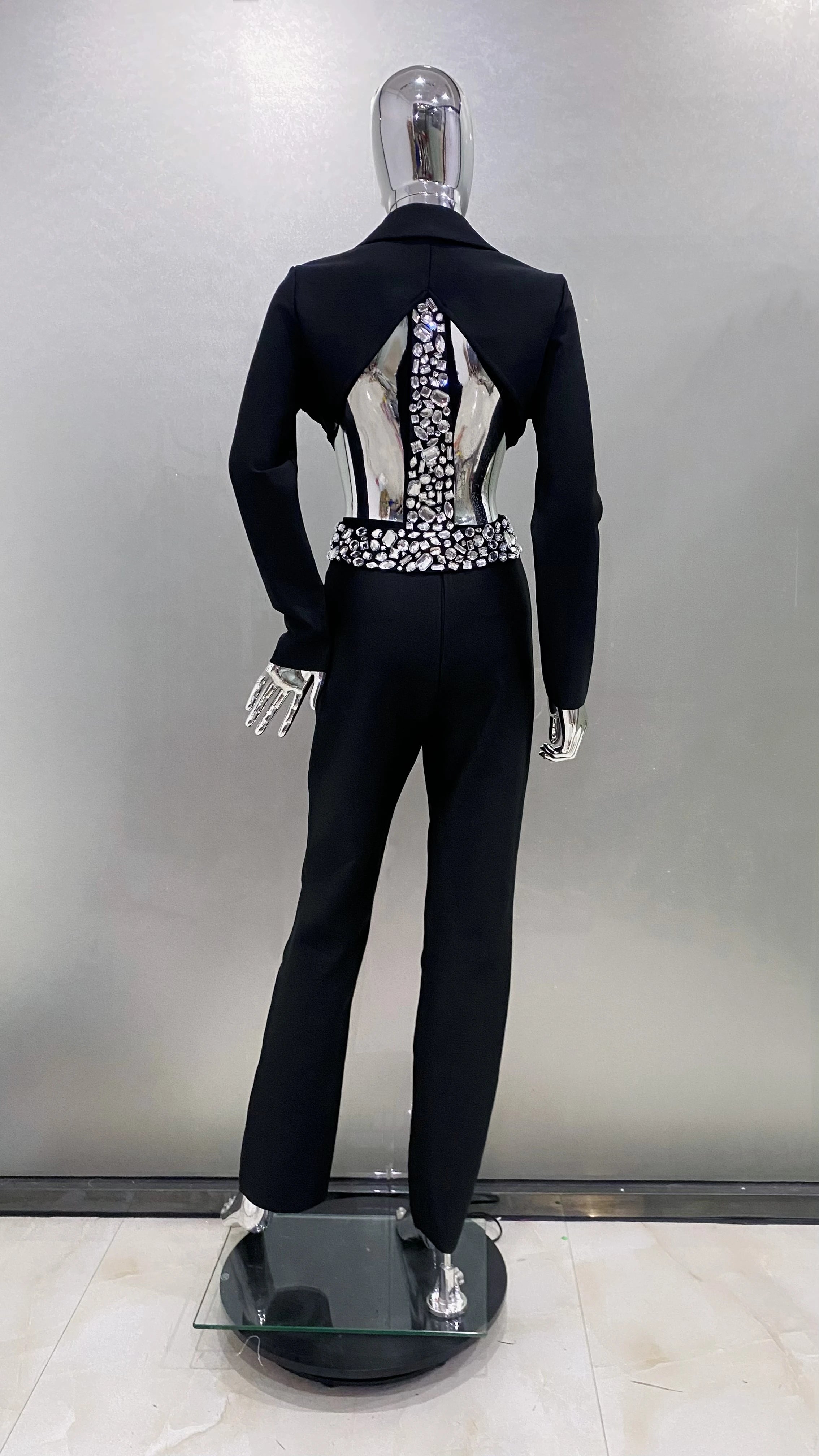 2024 Black White Women Long Sleeve Sexy V-Neck Bodycon Bandage Set Shinning Crystal Nightclub Party Women's Set