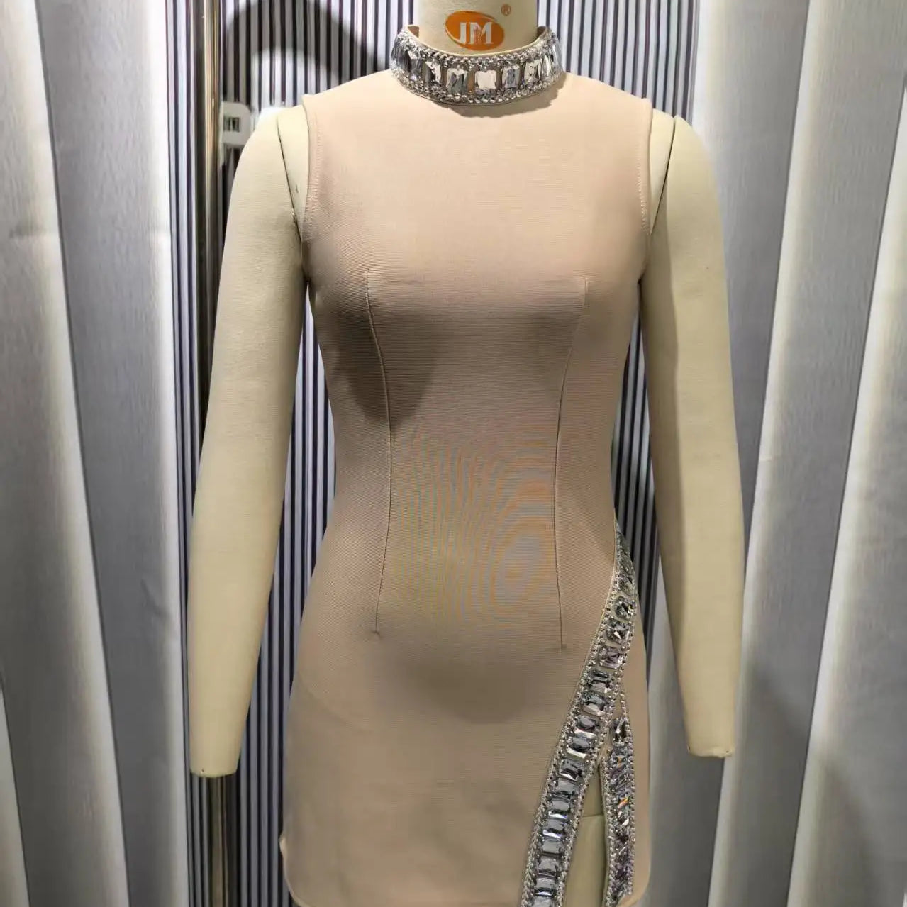 Women Sleeveless Sexy O-Neck Big Crystal Bodycon Bandage Mini Dress Nightclub Party Celebrate Fashion Birthday Wear Khaki