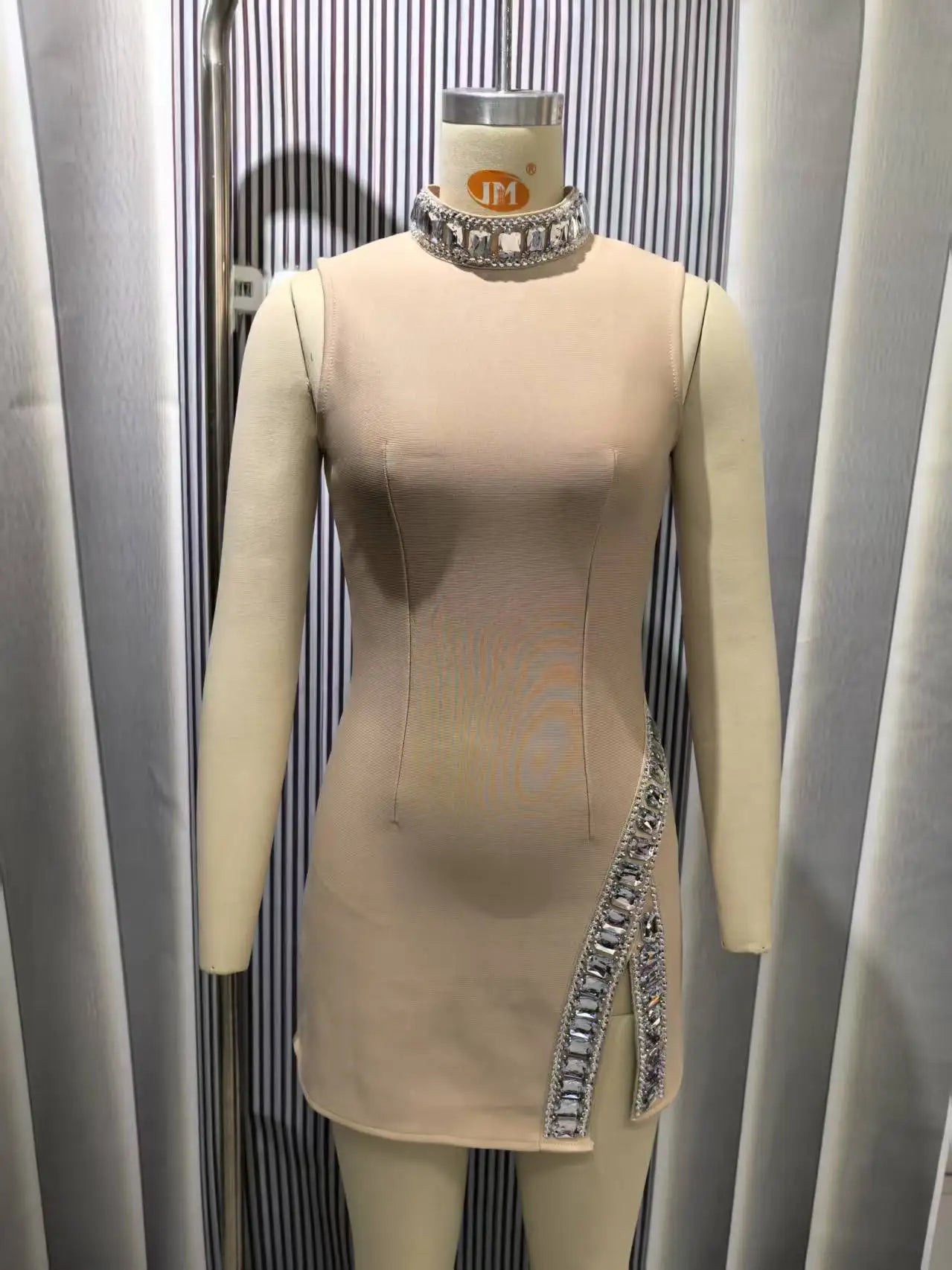 Women Sleeveless Sexy O-Neck Big Crystal Bodycon Bandage Mini Dress Nightclub Party Celebrate Fashion Birthday Wear Khaki