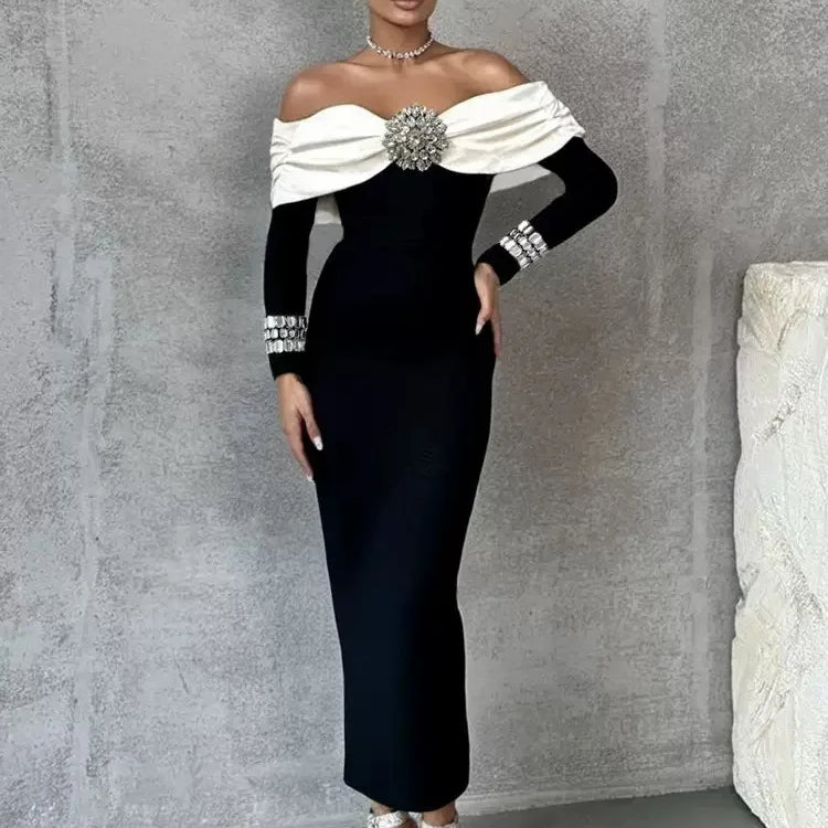 Sexy Off The Shoulder Luxury Diamonds White Patchwork Black Long Bandage Dress Elegant Woman Party Dress Wedding Party Vestido