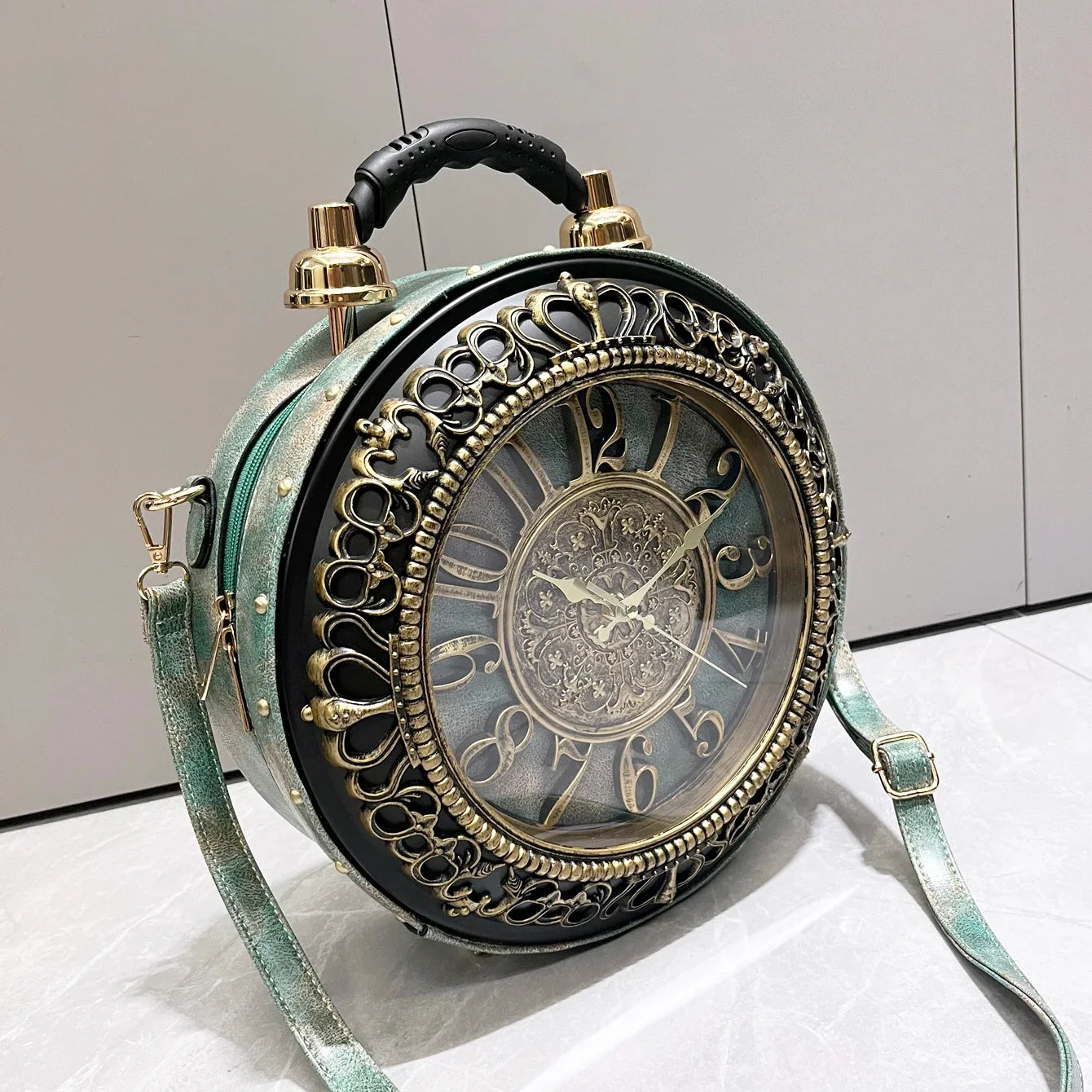 Luxury Designer Purses and Handbags Shoulder Bags funny clock-shaped bag funny Women's round bag pu leather Woman's bag Green