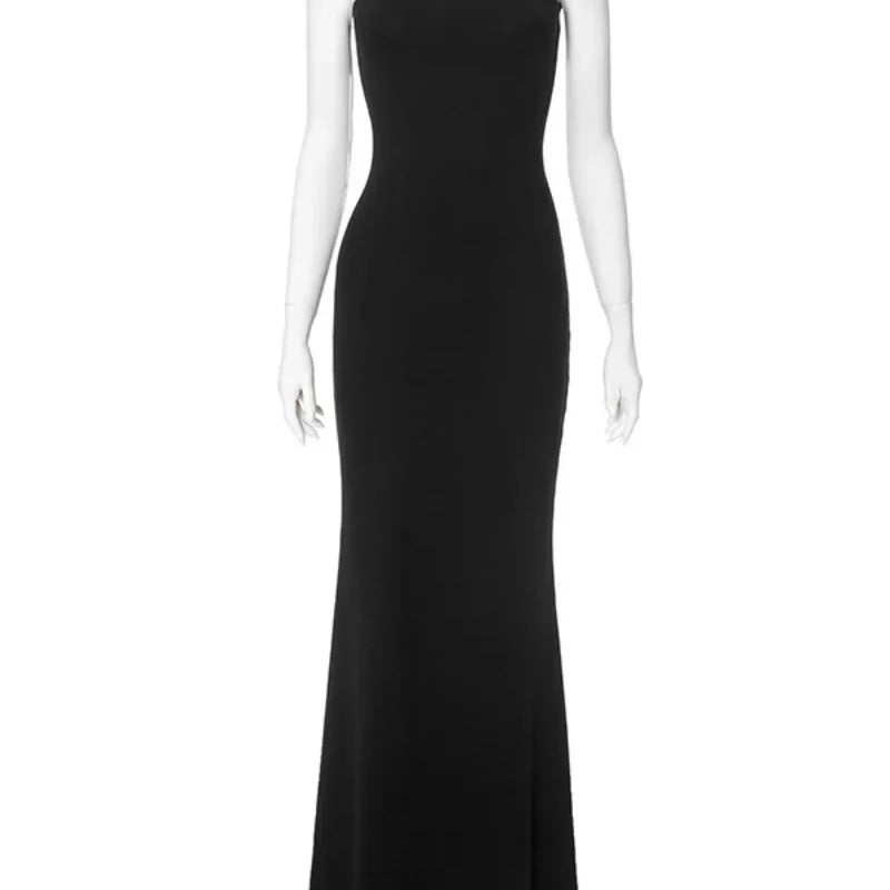 Sexy Elegant Summer Sleeveless Halter Neck Long Maxi Dresses for Women Sexy Off Shoulder Bodycon Evening Party Black Dress Black
