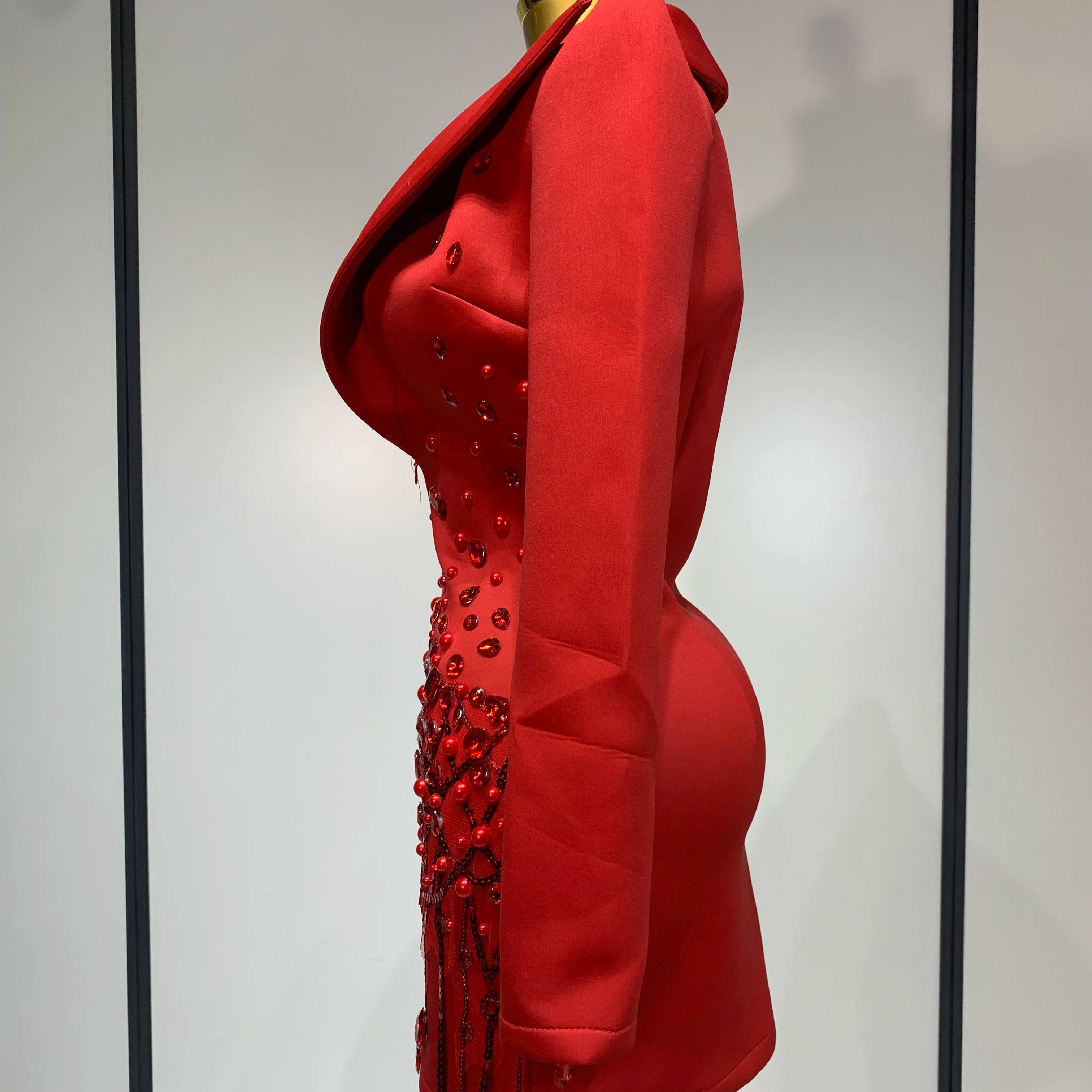 Luxury Rhinestone Deep V-Neck Slim Fit Red Suit Dress 2025 New Fashion Celebirty Elegant Evening Club Party Dresses