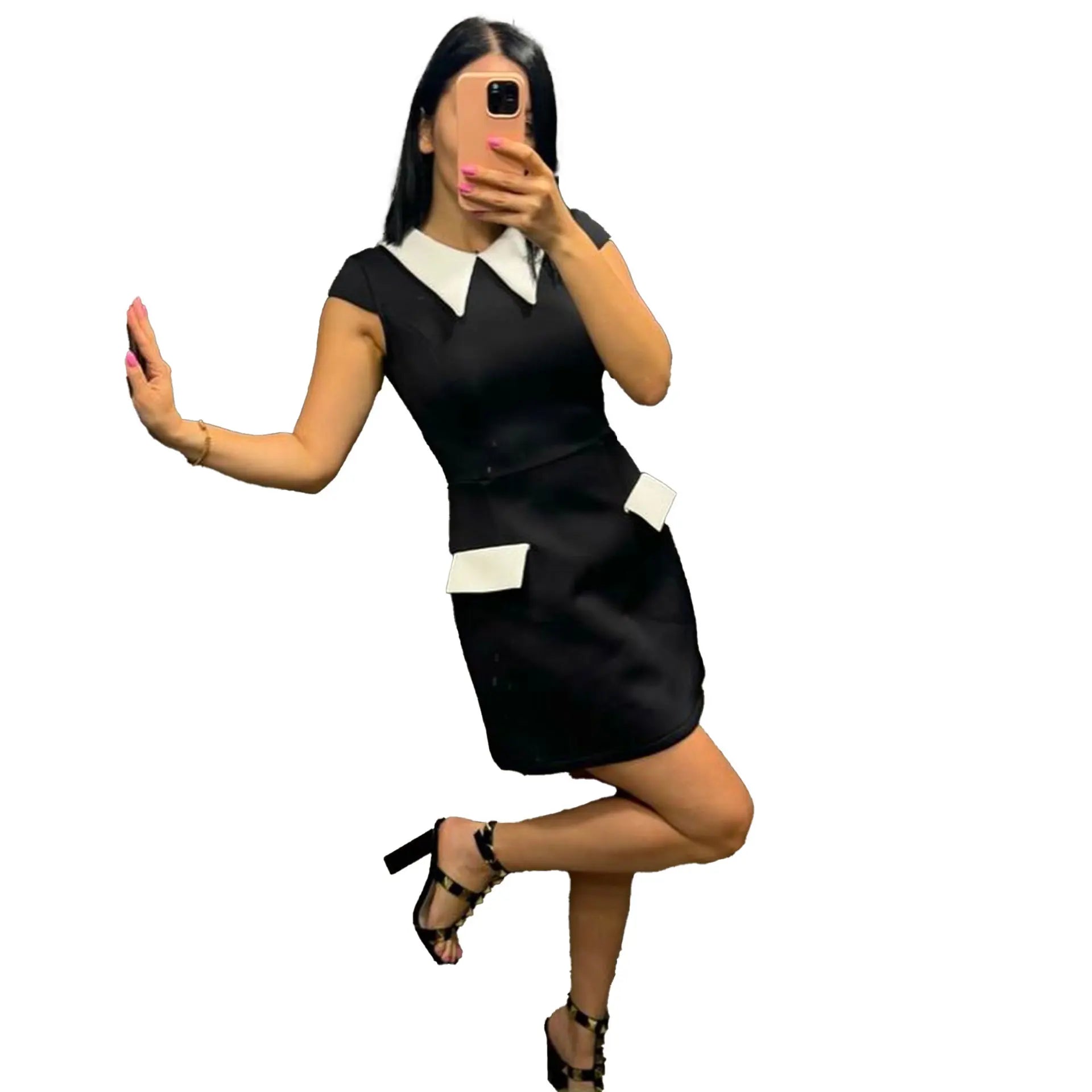 Women Fashion Turn-down Collar High Waist A-line Mini Dress 2024 Summer Party Night Club Street Basic Vestidos Dresses black