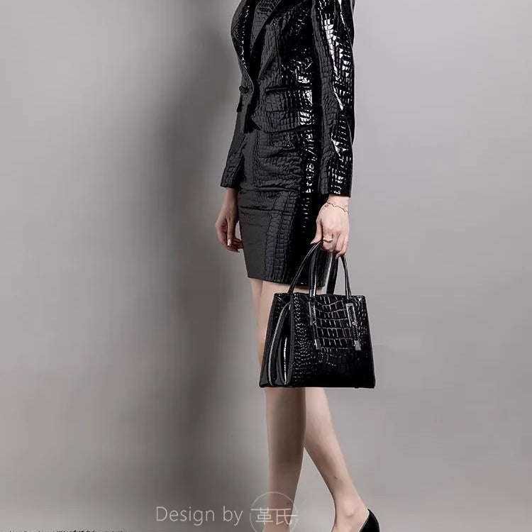 Lautaro Spring Autumn Short Shiny Reflective Crocodile Print Pu Leather Blazer Jacket Women Peaked Lapel Luxury Designer Clothes