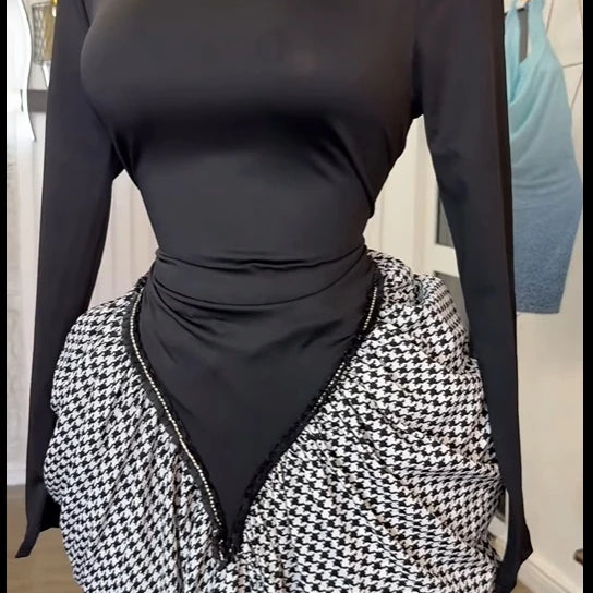 Women Houndstooth Stacked Ruched Side Long Sleeve Bodycon Midi Maxi Long Dress 2025 Birthday Vacation Sexy Party Dresses