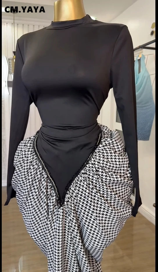 Women Houndstooth Stacked Ruched Side Long Sleeve Bodycon Midi Maxi Long Dress 2025 Birthday Vacation Sexy Party Dresses