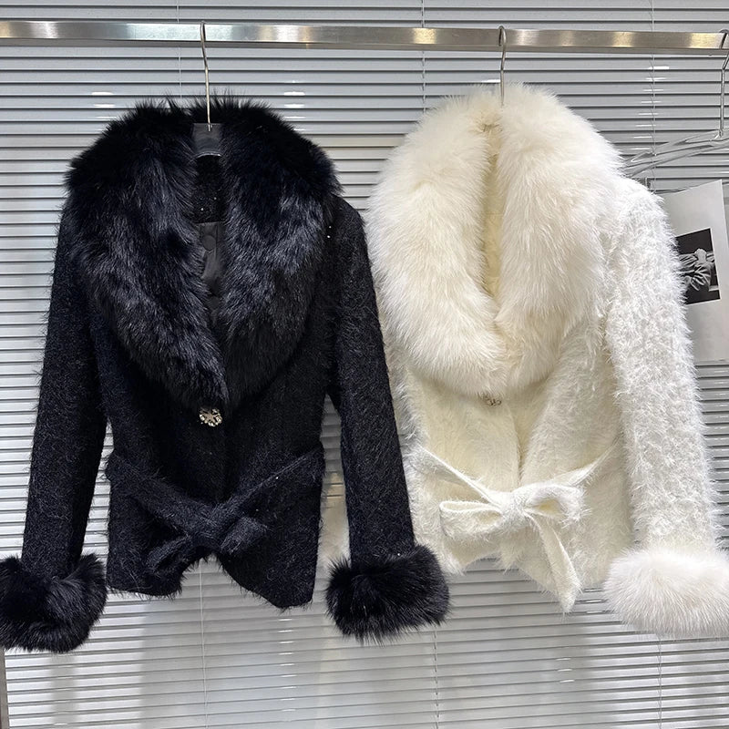 Winter New Fashion Fox Fur Collar Lace-up Waist Cotton Liner Coat For Women High Quality Jacket Female 11A07778