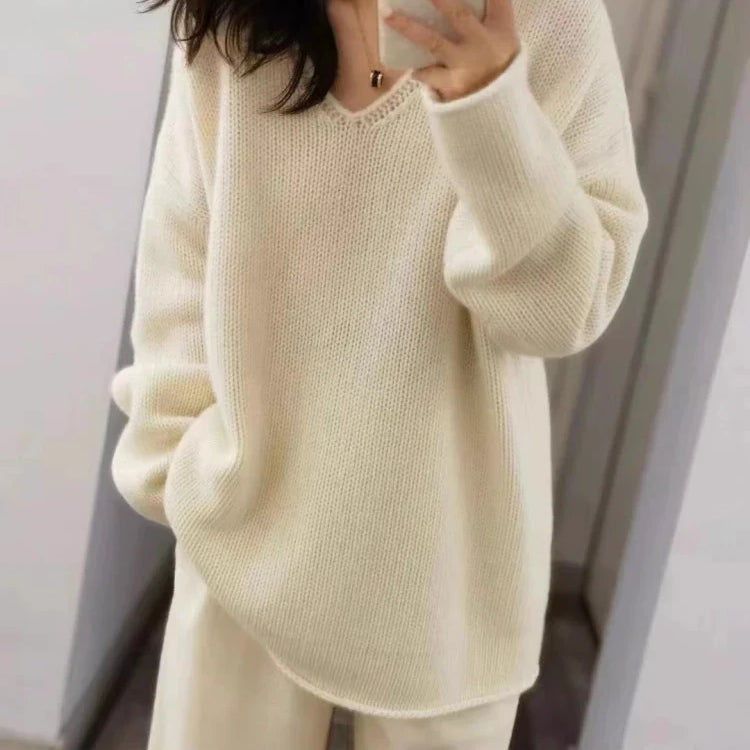 100% Pure Wool Loose V-neck Sweater Autumn Winter New Knitted Pullover Casual Fashion Korean Version Medium Long Tops Large Size Mi Bai