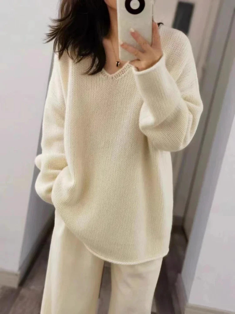 100% Pure Wool Loose V-neck Sweater Autumn Winter New Knitted Pullover Casual Fashion Korean Version Medium Long Tops Large Size Mi Bai