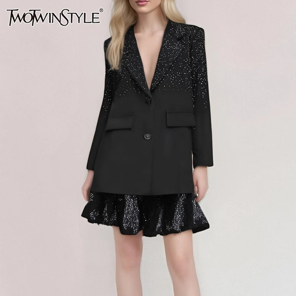 Solid Spliced Stick Drill Elegant Jackets for Women Lapel Long Sleeves Patchwork Single Breasted Jacket Female New