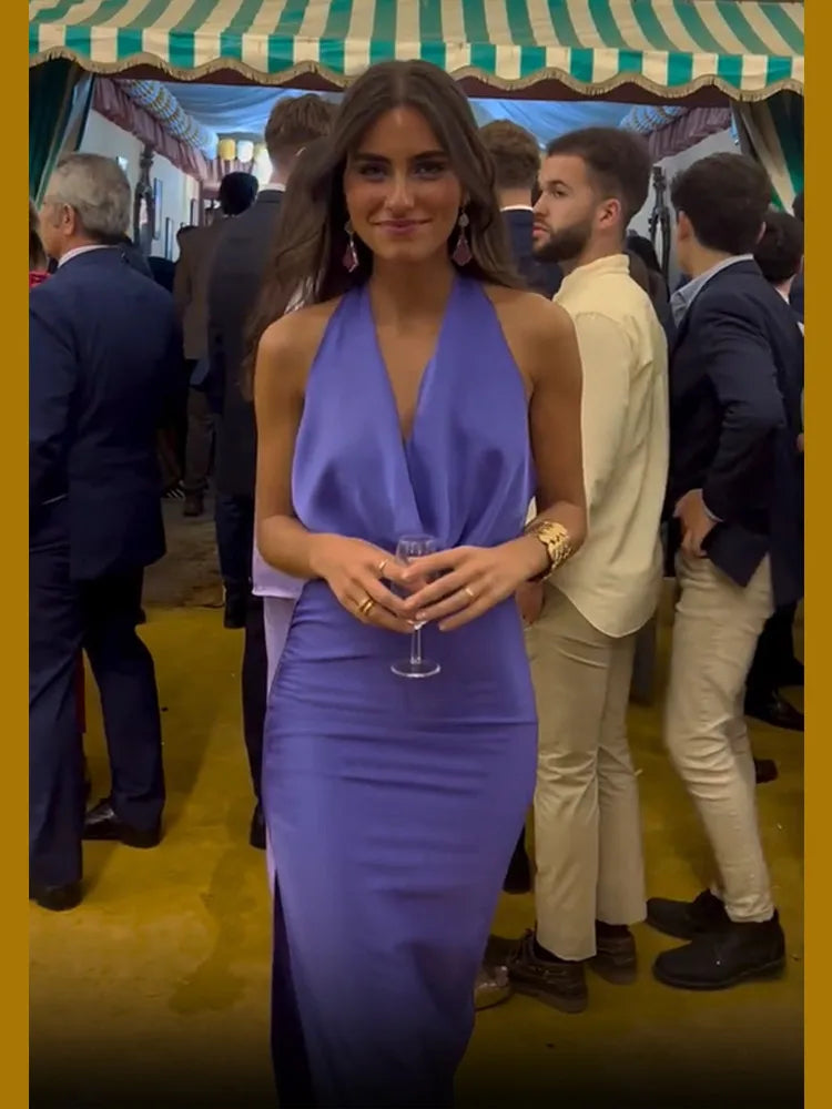 Elegant Purple Halter Lace Up Bodycon Midi Dress Women Sexy Blackless Sleeveless Side Split Robes Chic Summer Lady Party Dresses Purple