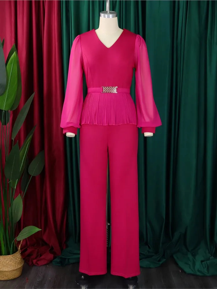 Plus Size Summer 2 Two Piece Set Women Mesh Long Sleeve See Through Fashion Ladies Blouses Loose High Waist Woman Wide Leg Pant