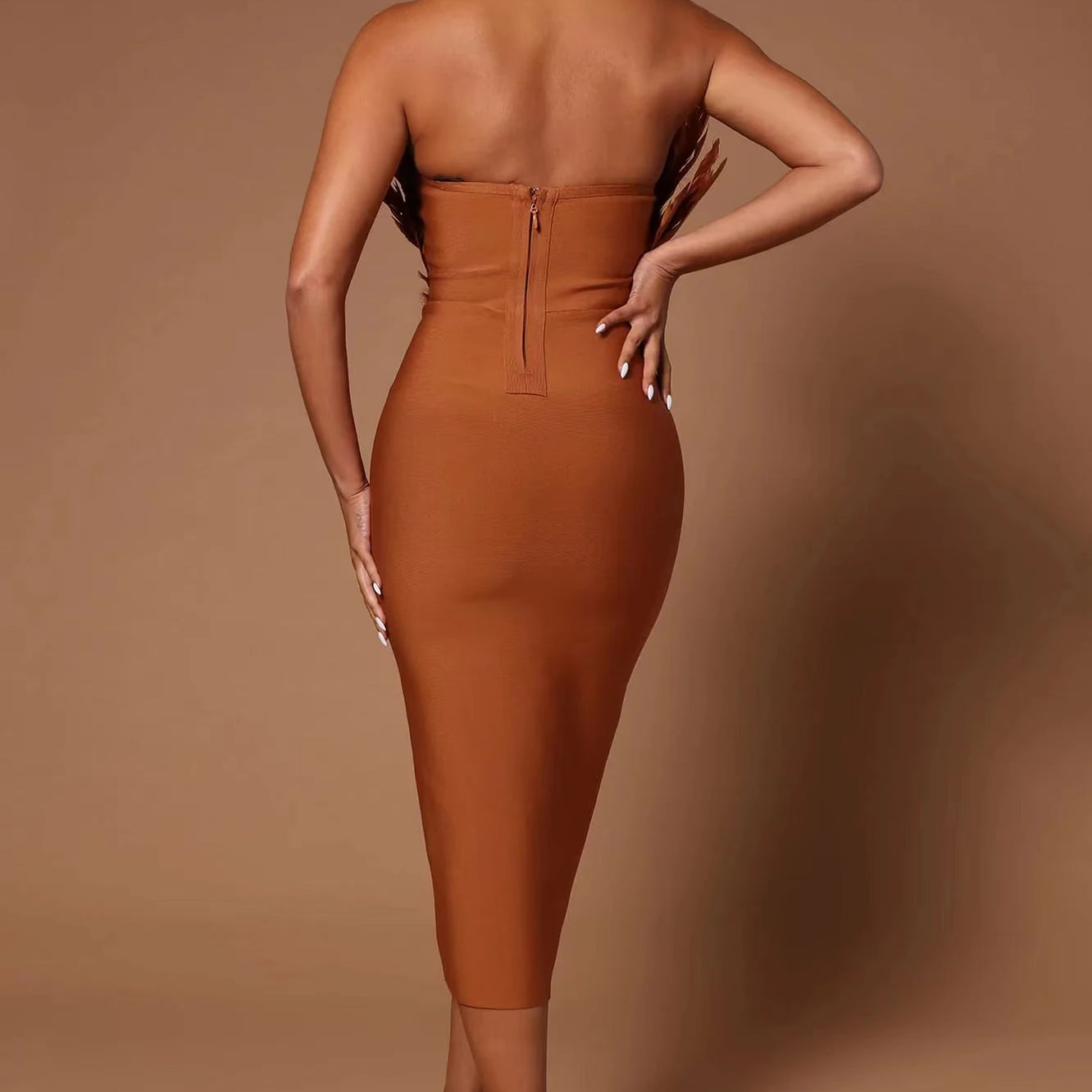 Brown Rosered Women Sexy Feathers Off the Shoulder Bodycon Mid-calf Dress Rayon Bandage Birthday Party Costume
