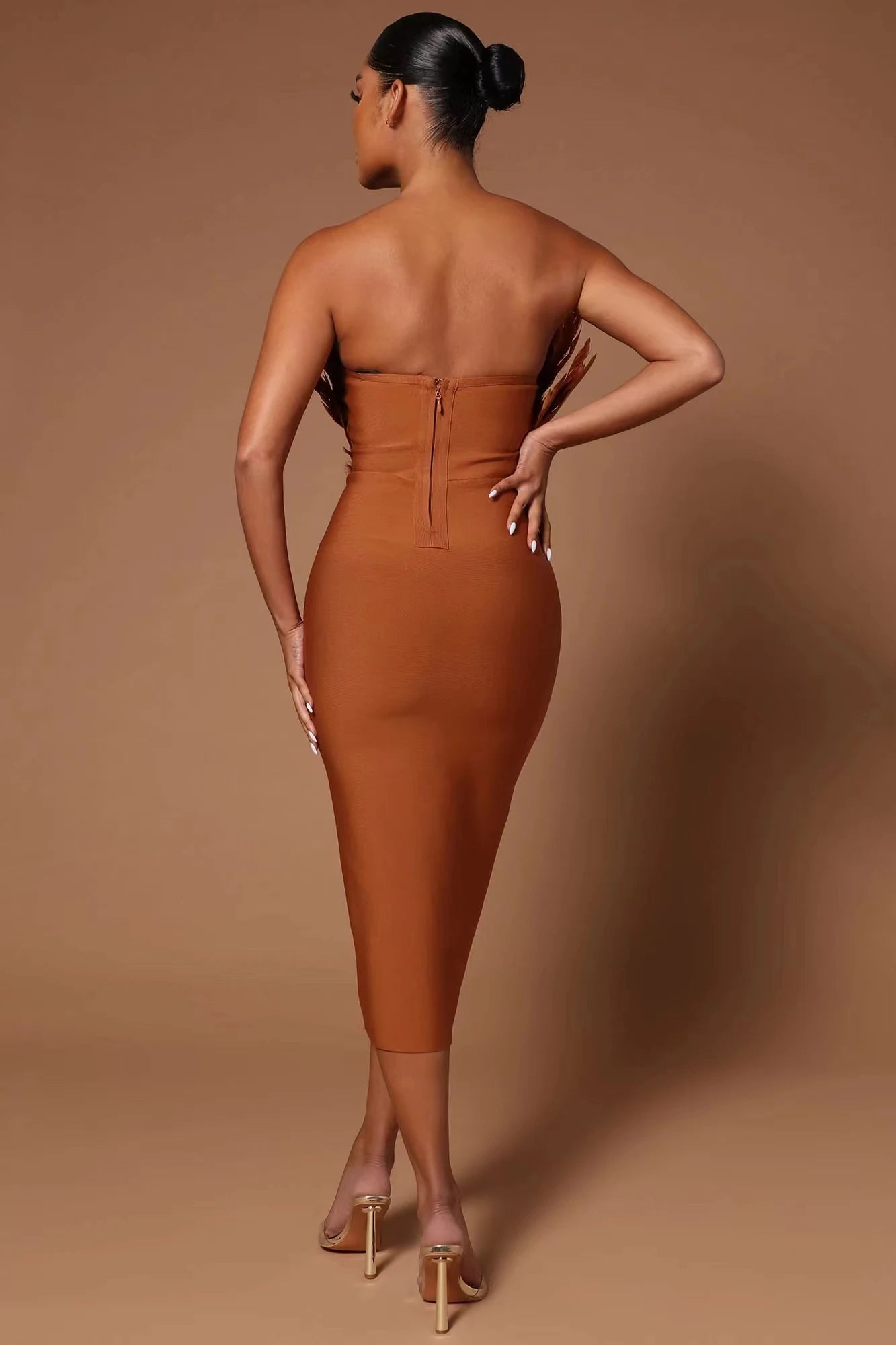 Brown Rosered Women Sexy Feathers Off the Shoulder Bodycon Mid-calf Dress Rayon Bandage Birthday Party Costume