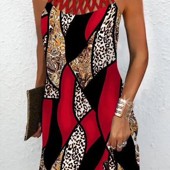Fashion Women's Straight Dress 2023 Summer Vacation New Multicolor Abstract Print Hollow Casual Mini Sleeveless Dress Female G