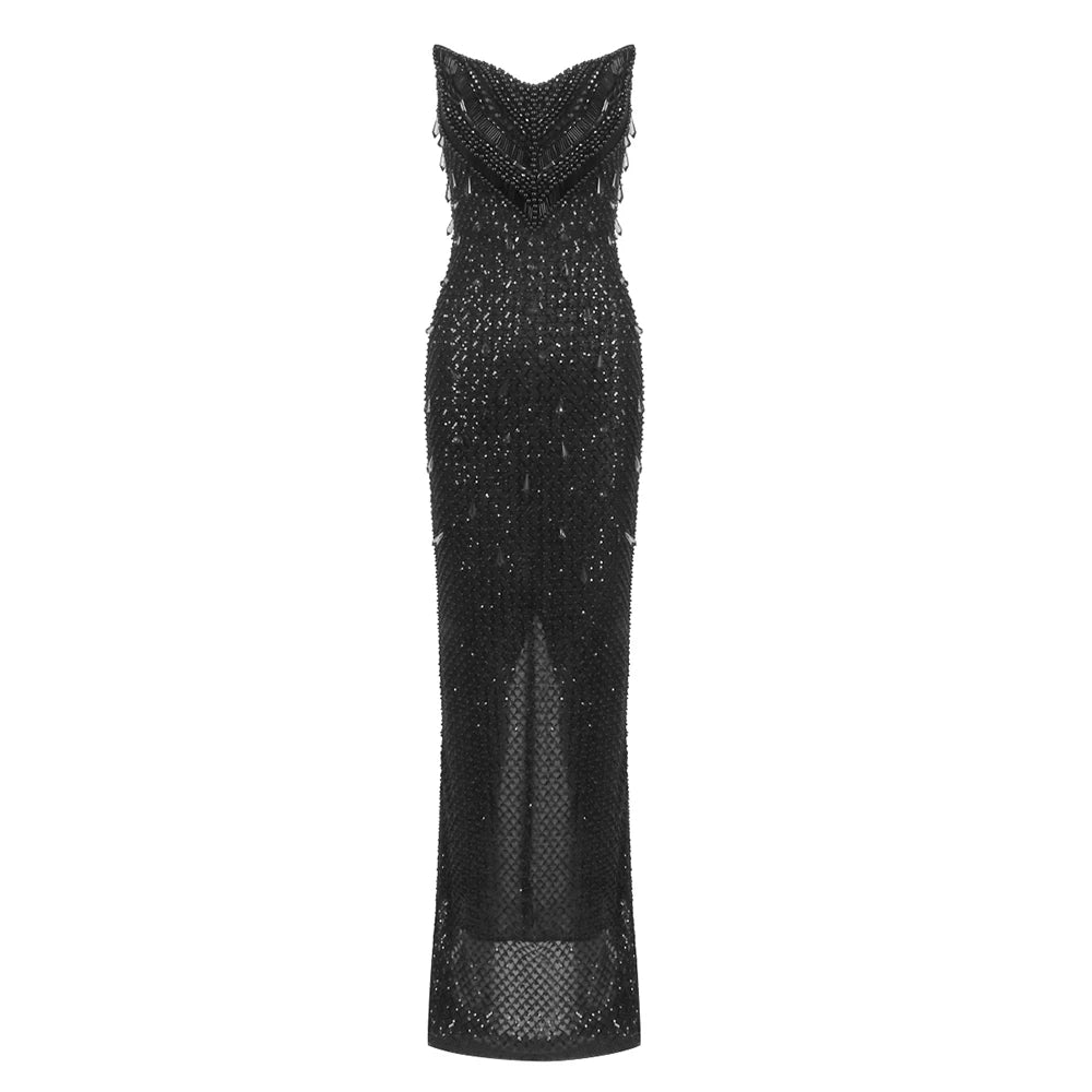 Stunning Strapless Sleeveless Black Crystal Sequin Dress Luxury Party Evening Gown black