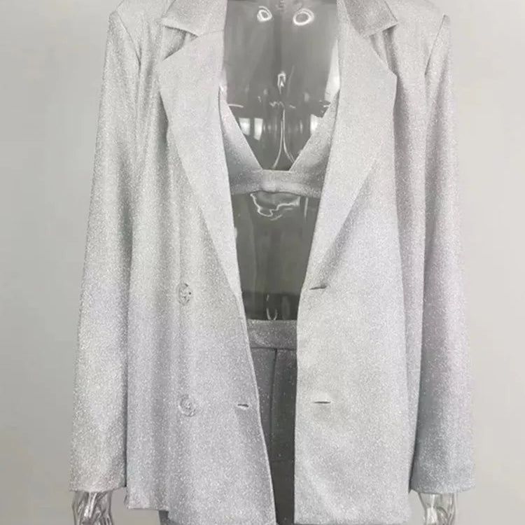 Shiny Pant Suit Women Design Sexy Party Club Blazer Sets With Underwear Fashion 2022 Spring Female Coat And Straight Pants Coat