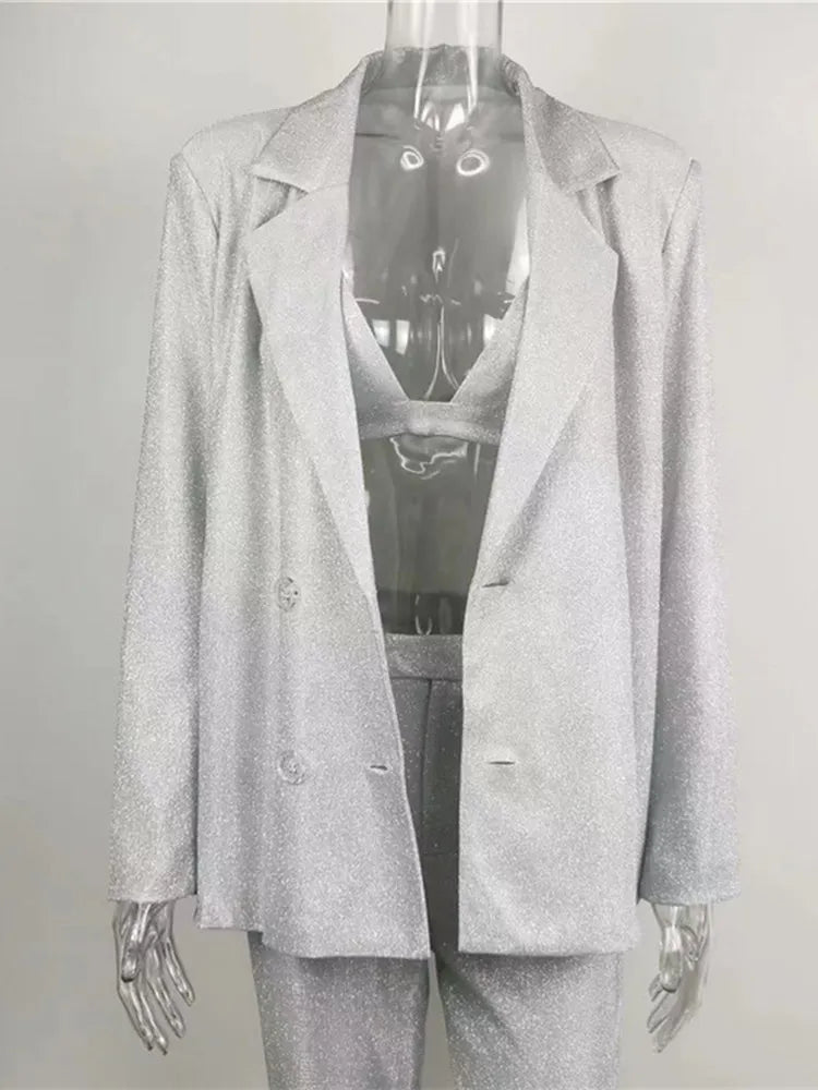 Shiny Pant Suit Women Design Sexy Party Club Blazer Sets With Underwear Fashion 2022 Spring Female Coat And Straight Pants Coat