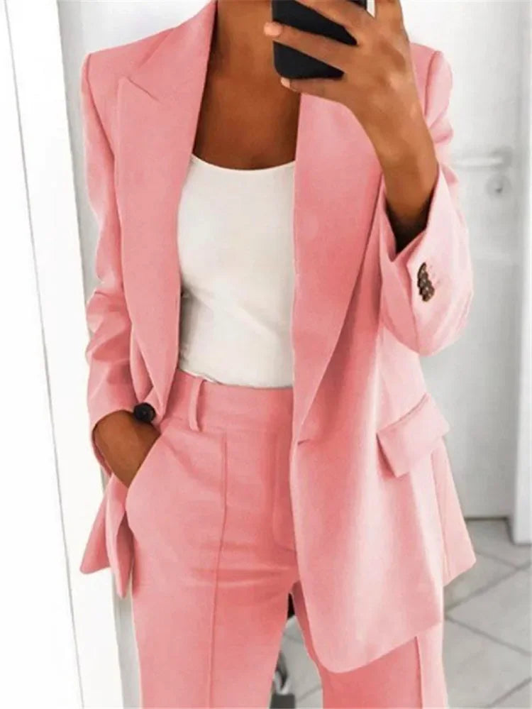 S-5XL Women's Blazer Casual Long-sleeved Top Solid Color Suit Collar Button Simple Temperament Commuter Plus Size Blazer pink TOP
